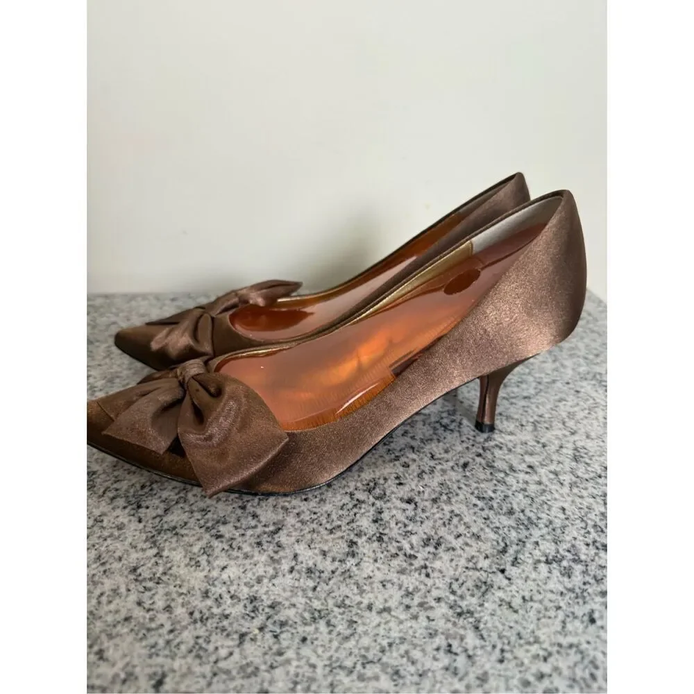 Nina Shoes Evening Formal Satin Dressy Copper Brown Bow Kitten Heels 7.5 Point T